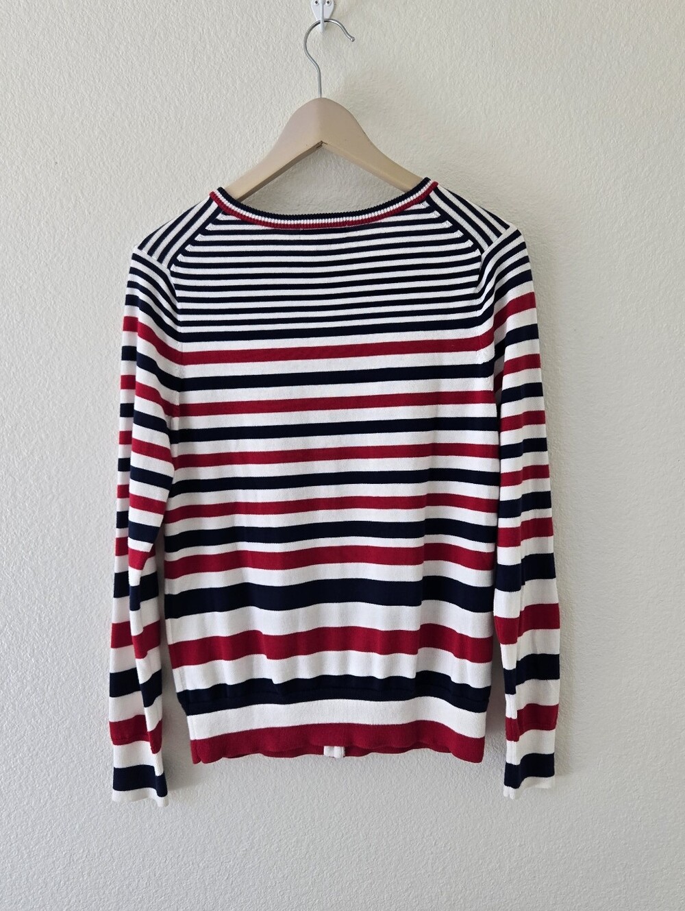 Lands' End Women's 6-8/ Small 100% Supima Cotton Red White Blue Stripe Cardigan - Picture 9 of 15